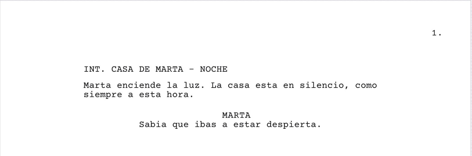 Captura del editor de Nitalu: una escena ya formateada sola, con encabezado, acción, personaje y diálogo.